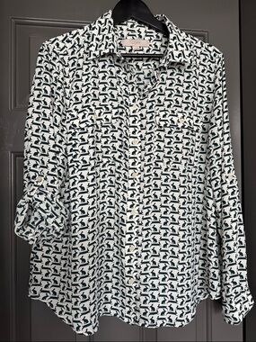 LOFT White Blouse with Dark Teal rabbit bunny Pattern
